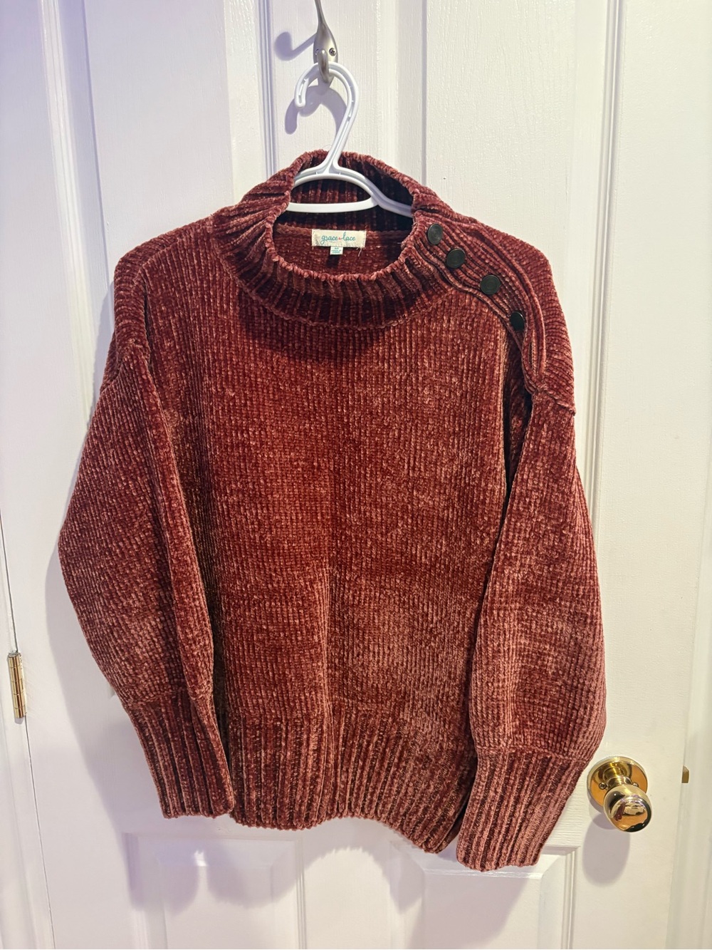 Grace & Lace Chenille Button-Shoulder Turtleneck Sweater - Rust